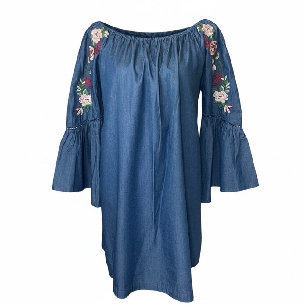 Umgee Floral Embroidered Off The Shoulder Medium Chambray Shift Dress Boho